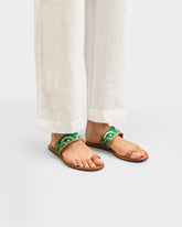 Cotton Bandana & Leather Toe Ring Sandals - Leather Sandals | 